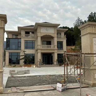 北海 黄金麻花岗岩别墅雕花外墙干挂配上门口雕花罗马柱